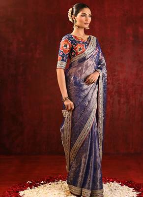 Midnight blue embroidered tissue saree set 3