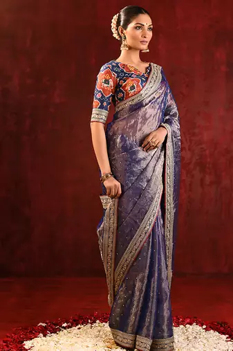 Midnight blue embroidered tissue saree set
