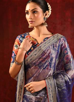 Midnight blue embroidered tissue saree set 4