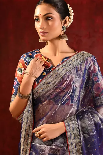 Midnight blue embroidered tissue saree set
