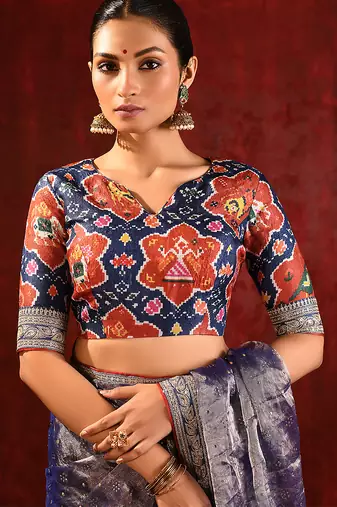 Midnight blue embroidered tissue saree set
