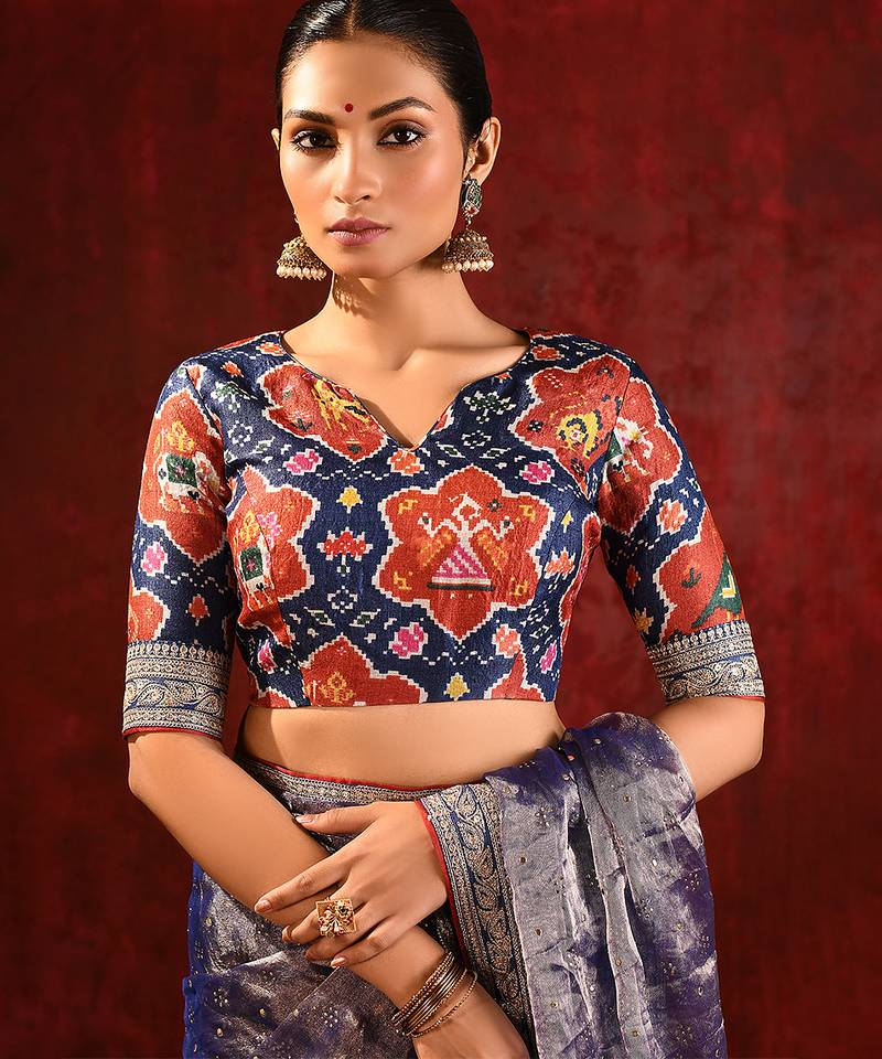 Midnight blue embroidered tissue saree set