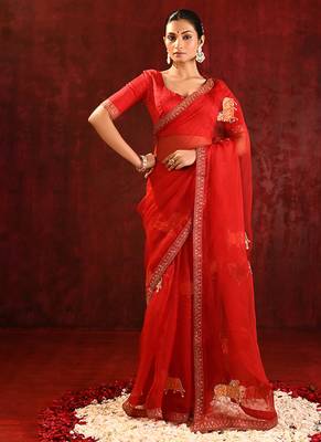Crimson red embroidered tissue saree set 1