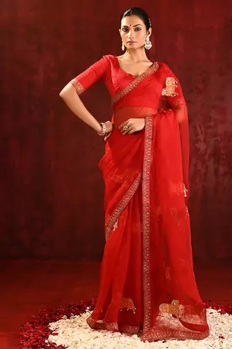 Crimson red embroidered tissue saree set