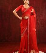 Crimson red embroidered tissue saree set