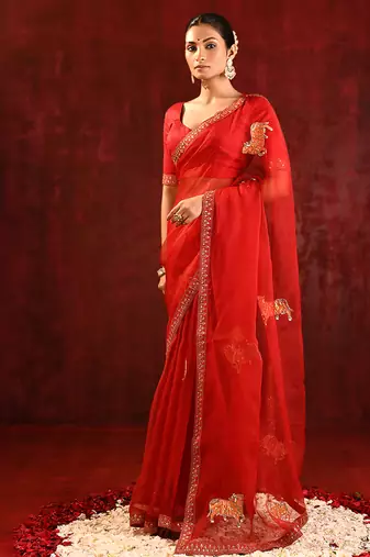 Crimson red embroidered tissue saree set