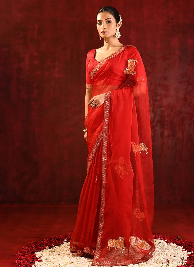 Crimson red embroidered tissue saree set