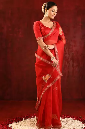 Crimson red embroidered tissue saree set