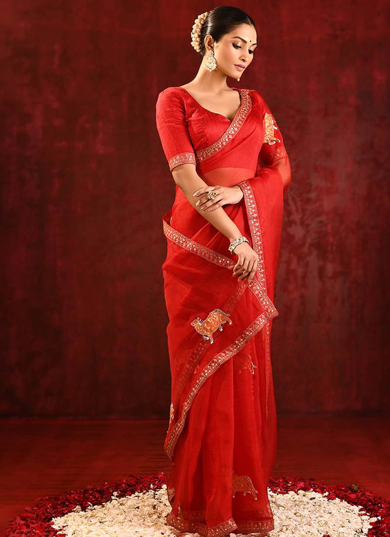 Crimson red embroidered tissue saree set