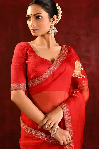 Crimson red embroidered tissue saree set