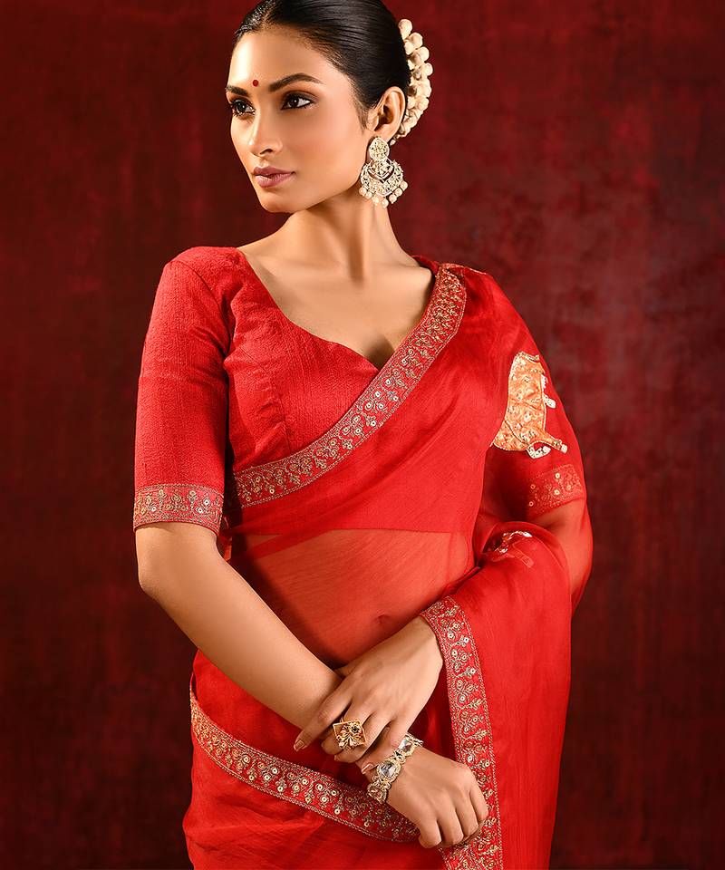 Crimson red embroidered tissue saree set