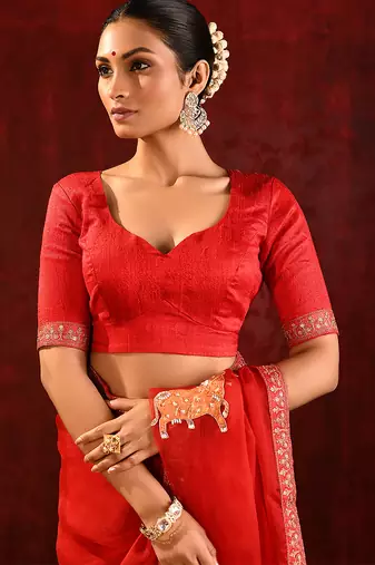 Crimson red embroidered tissue saree set