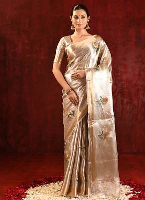 Champagne gold embroidered tissue saree set 1