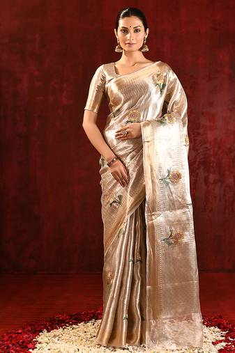 Champagne gold embroidered tissue saree set