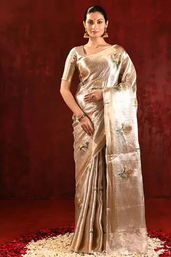 Champagne gold embroidered tissue saree set
