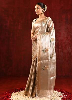Champagne gold embroidered tissue saree set 2