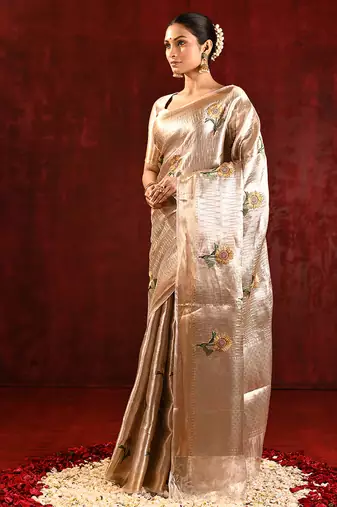 Champagne gold embroidered tissue saree set