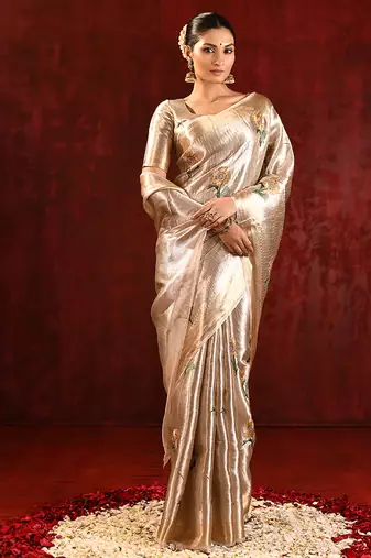 Champagne gold embroidered tissue saree set