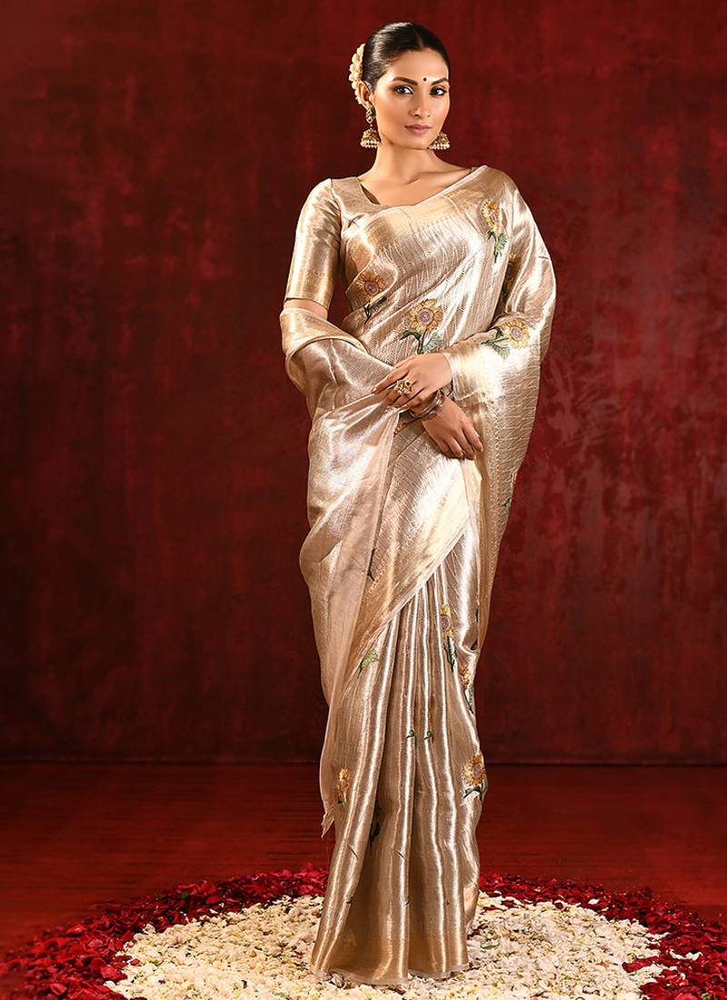 Champagne gold embroidered tissue saree set
