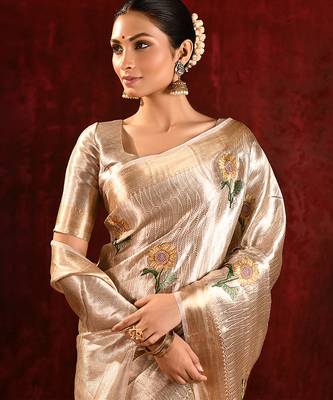 Champagne gold embroidered tissue saree set 4