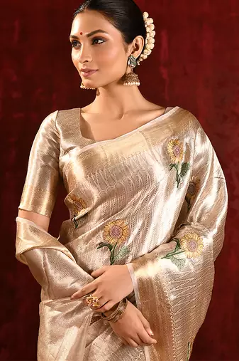 Champagne gold embroidered tissue saree set