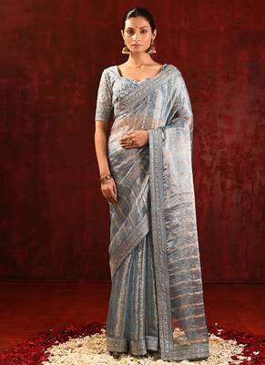 Steel grey embroidered tissue saree set 1