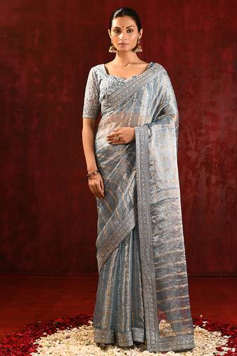 Steel grey embroidered tissue saree set