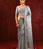 Steel grey embroidered tissue saree set