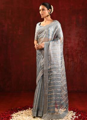 Steel grey embroidered tissue saree set 2