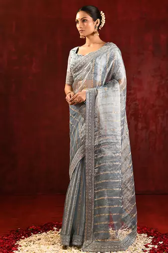 Steel grey embroidered tissue saree set