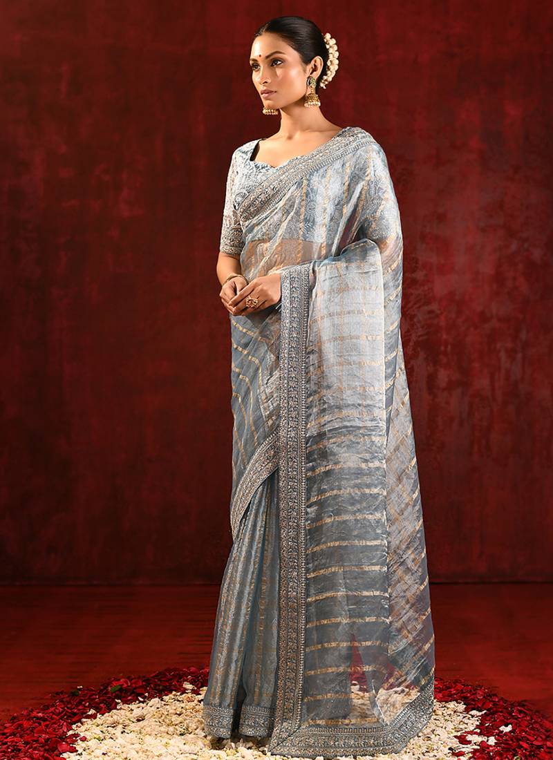 Steel grey embroidered tissue saree set