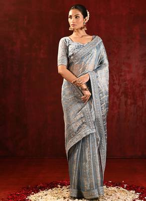 Steel grey embroidered tissue saree set 3