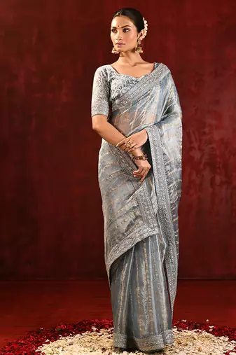 Steel grey embroidered tissue saree set