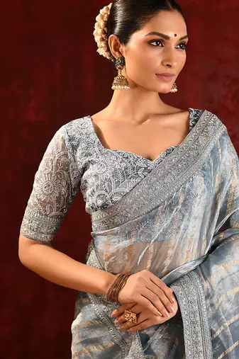 Steel grey embroidered tissue saree set