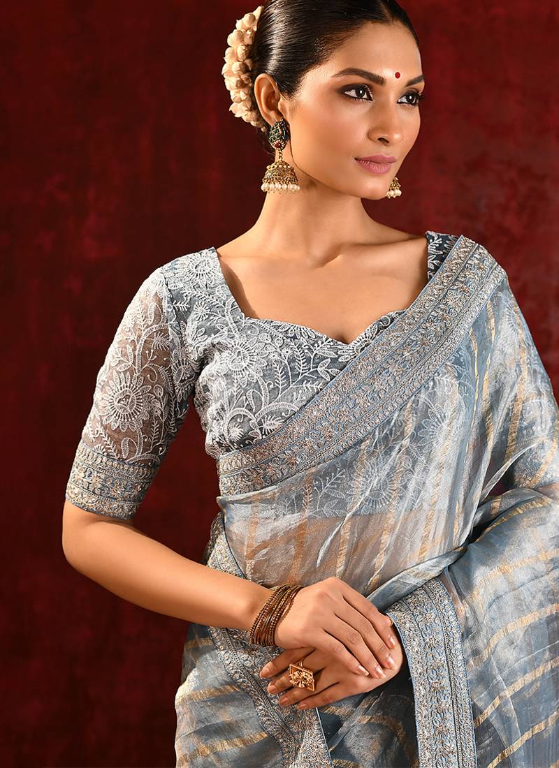 Steel grey embroidered tissue saree set