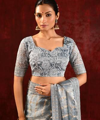 Steel grey embroidered tissue saree set 5