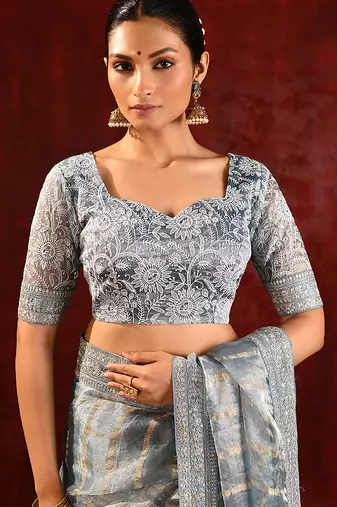 Steel grey embroidered tissue saree set