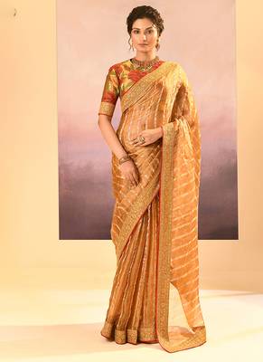 Mustard gold embroidered tissue saree set 1