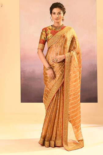 Mustard gold embroidered tissue saree set