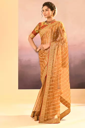 Mustard gold embroidered tissue saree set