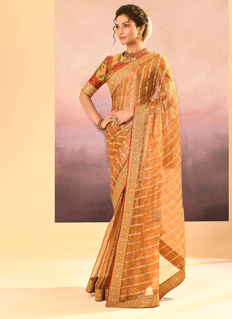Mustard gold embroidered tissue saree set