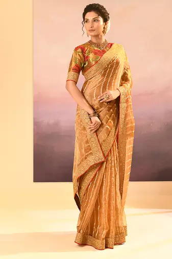 Mustard gold embroidered tissue saree set