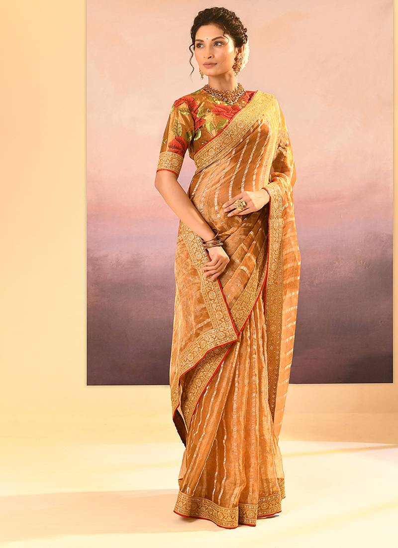 Mustard gold embroidered tissue saree set