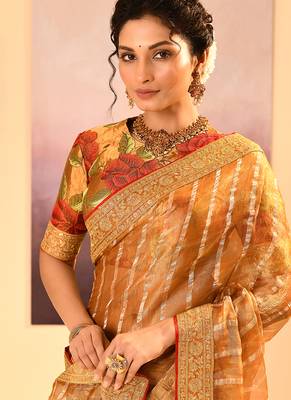 Mustard gold embroidered tissue saree set 4