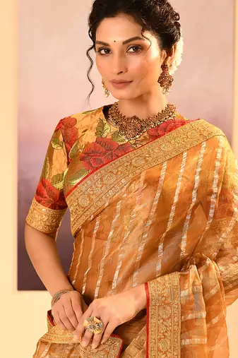 Mustard gold embroidered tissue saree set