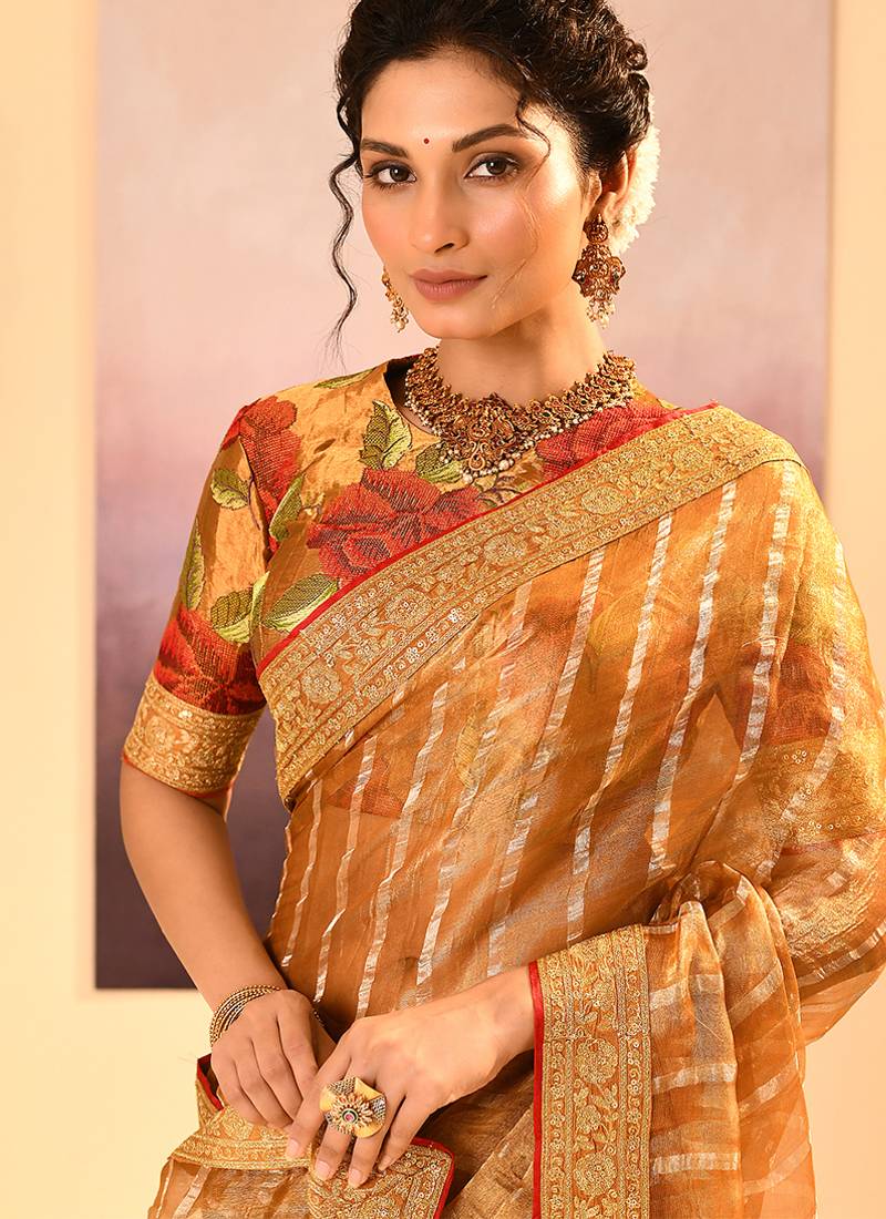 Mustard gold embroidered tissue saree set