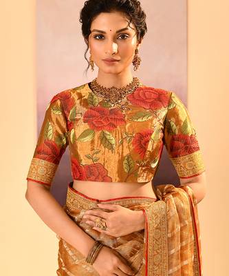 Mustard gold embroidered tissue saree set 5