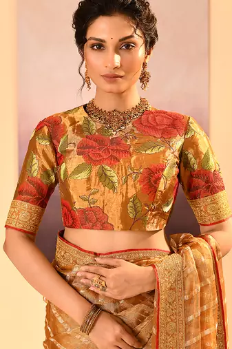 Mustard gold embroidered tissue saree set