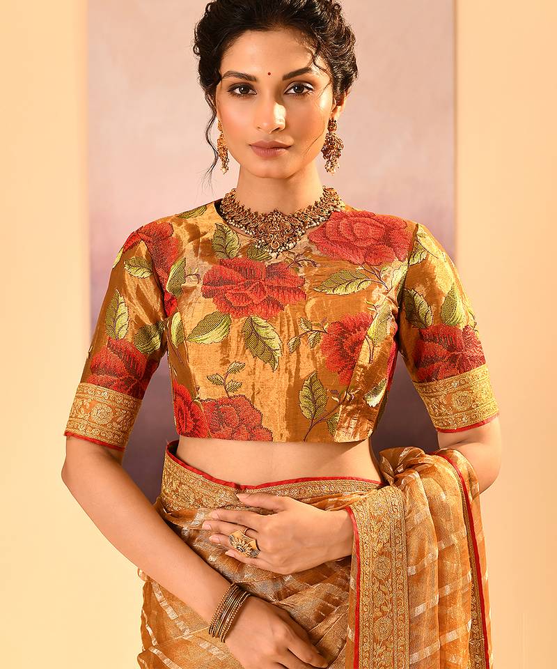 Mustard gold embroidered tissue saree set