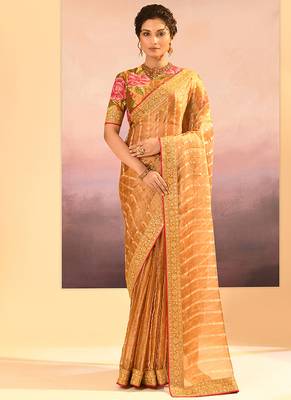 Honey gold embroidered tissue saree set 1